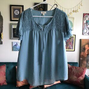 STYLE & CO size XXL Slate Blue Crepe Smocked Accent Floaty Blouse Top